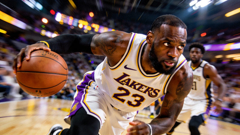 篮球巨星勒布朗·詹姆斯在比赛中持球突破的精彩瞬间