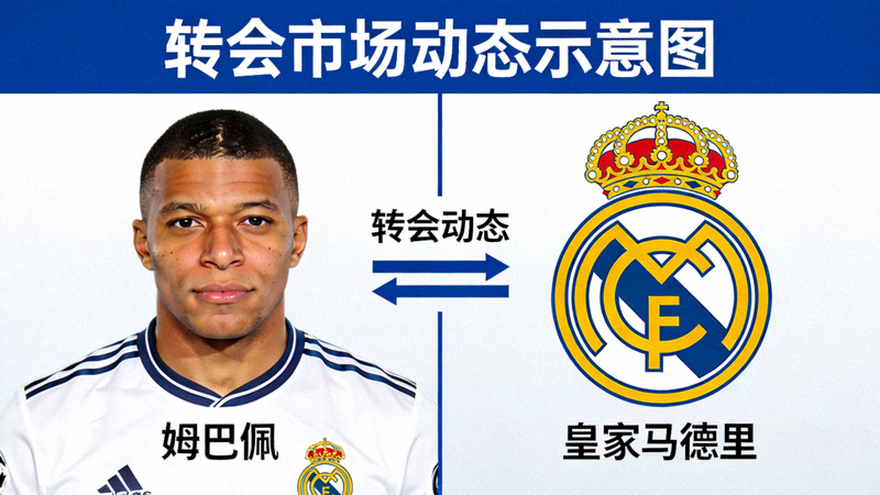 转会市场动态示意图 - 姆巴佩与皇家马德里队徽并列