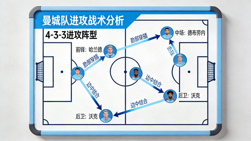 足球战术分析板示意图 - 展示曼城队的进攻阵型与跑位